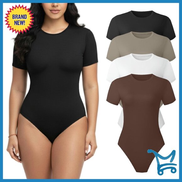 Ultra-Soft Short Sleeve Bodysuit Tummy Control Fitted Stretchy Top
